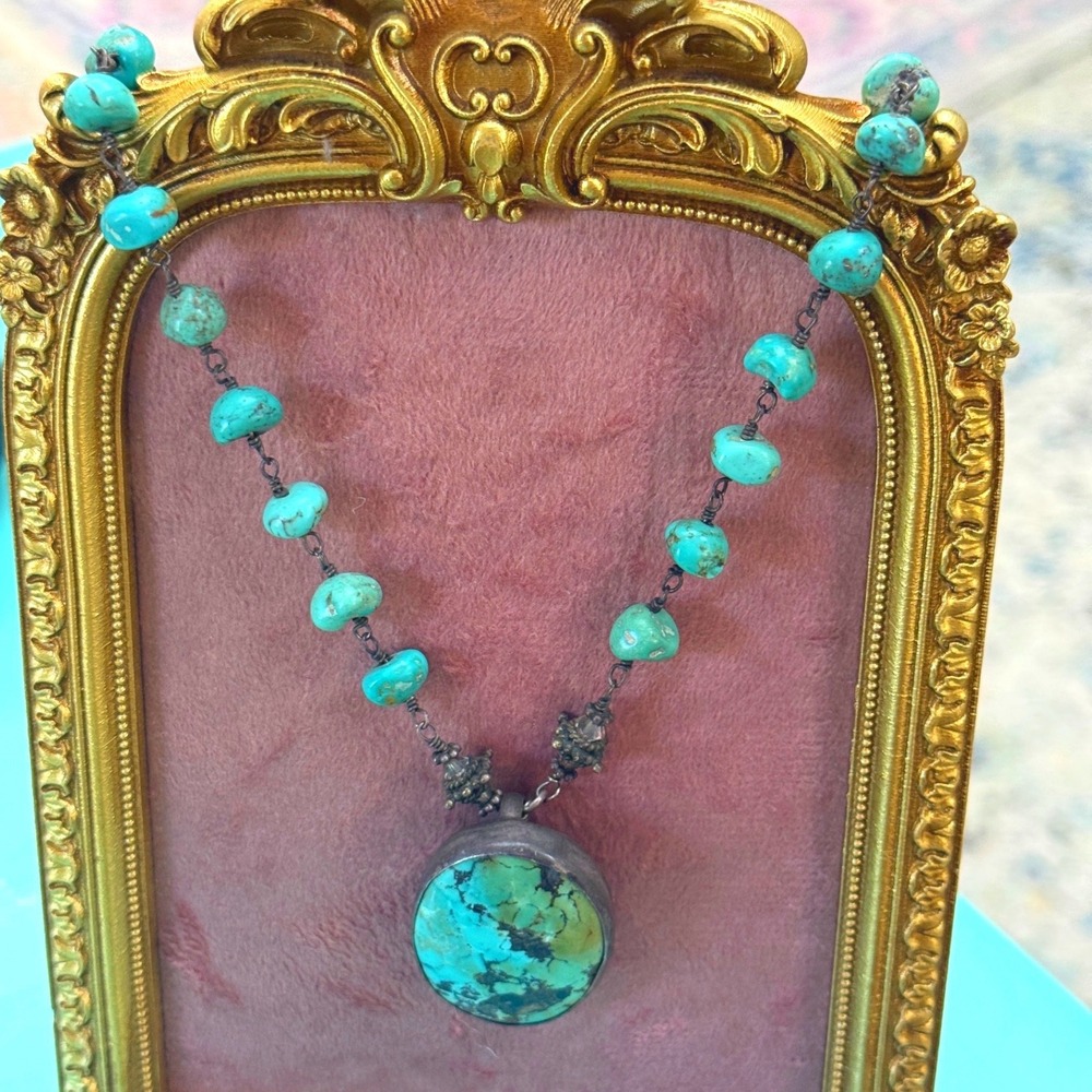 Southwestern Turquoise Nugget Wire Wrapped Necklace Oval Pendant Toggle Clasp